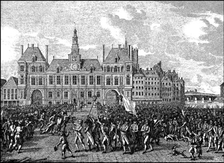 The heads of de Launay and Flesselles being carried around on spades in front of the town house in