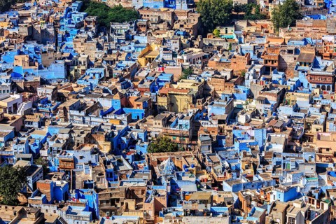 Aerial view of Jodhpur, also known as Blue City due to the vivid blue-painted Brahmin houses around