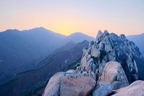 View of stones and rock formations from Ulsanbawi rock peak on sunset. Seoraksan National Park,