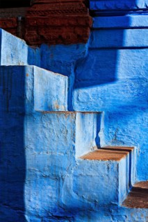 Stairs of blue painted house in Jodhpur, also known as Blue City due to the vivid blue-painted
