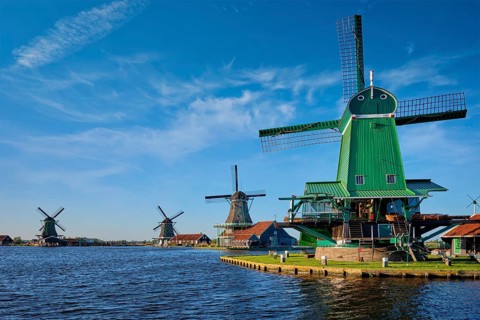 Netherlands rural lanscape Windmills at famous tourist site Zaanse Schans in Holland. Zaandam,
