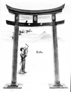 Torii, Japanese gate, Tokyo, Japan, tradition, two posts, double crossbar, symbolism, birds, woman
