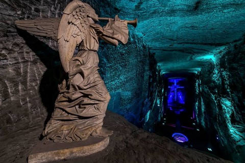 Giant salt cross in the Salt cathedral of Zipaquira, Colombia, South America
