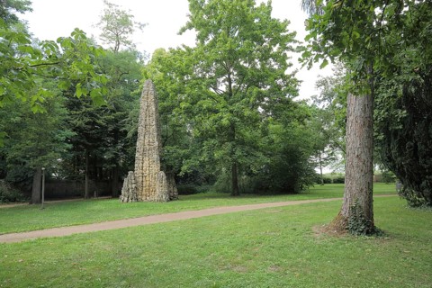 Obelisk as a pyramid in Verna Park Stadtpark, Rüsselsheim, Hesse, Germany, Europe