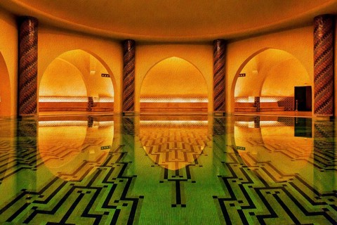 Hamam of Hassan II Mosque, architecture, interior, illustration, Casablanca, Morocco, Africa