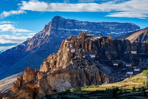 Dhankar monastry perched on a cliff in Himalayas. Dhankar, Spiti Valley, Himachal Pradesh, India,