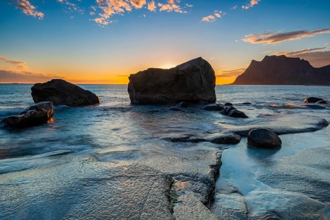 Rocky coast at sunset, Utakleiv, Lofoten, Norway, Europe