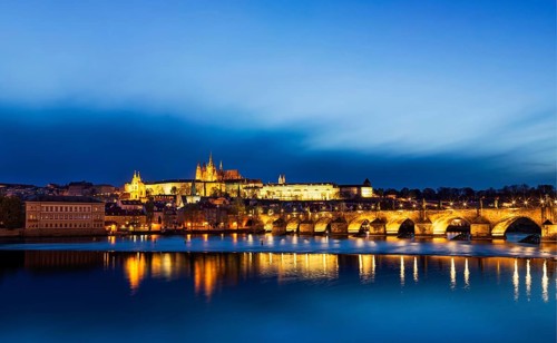 Panorama of Charles Bridge (Karluv most) and Prague Castle in twilight. Prague, Czech Republic,