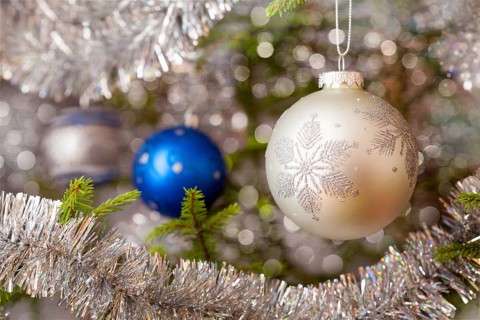 Christmas celebration holiday background, christmas-tree decoration bauble on decorated Christmas