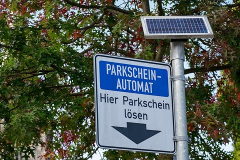 Sign parking ticket machine, solar panel, Münsterland, North Rhine-Westphalia, Germany, Europe