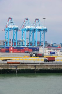 Container terminal cranes in the port of Zeebrugge, Belgium, Europe