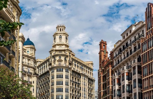 Architecture and buildings over Plaza del Ayuntamiento, Valencia, Spain, Europe