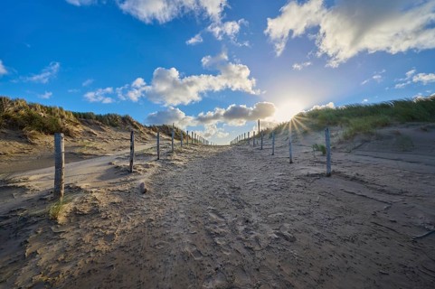 Beach access, sand dune, dune grass, wind, clouds, sun, morning, Zandvoort, North Sea, North