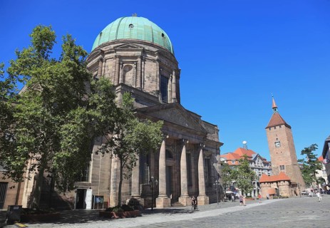 In the historic city centre of Nuremberg, parish church of St. Elisabeth and the White Tower,