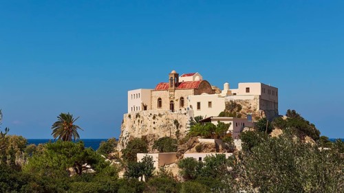 Church, red roof, sea, blue sky, palm tree, blue sky, Chrissoskalitissa, rock monastery, Orthodox