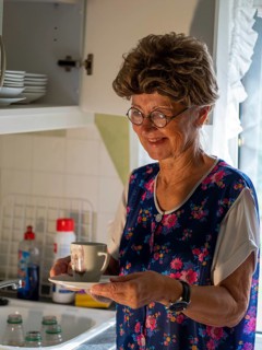 Granny with old smock apron, glasses and wig at the kitchen window in the kitchen, Germany, Europe