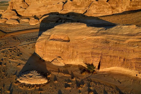 Nabataean Tombs at the Rock Qasr Al-Bint, Blue Hour, Hegra or Mada'in Salih, AlUla Region, Medina