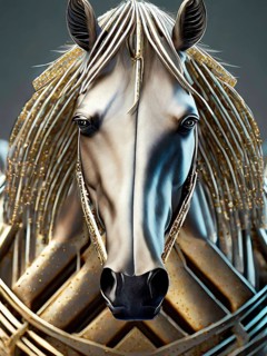 Horse, portrait as mystical mythical creature in golden and silver metallic 3D optics, fantasy