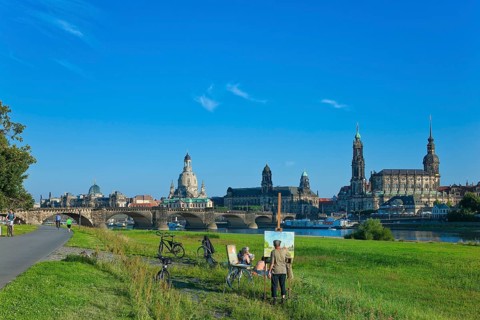 Dresden Silhouette View from Neustätter Elbufer to Dresden Old Town