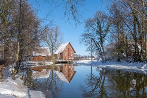 Historic water mill, Düstermühle on the river Dinkel, Legden, Münsterland, North Rhine-Westphalia,