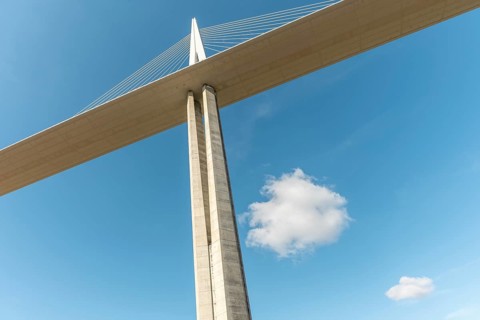 Millau viaduct, cable-stayed bridge over Tarn valley. The highest road bridge in the world. A75