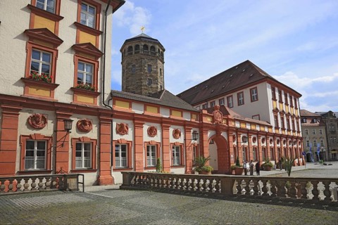 Castle tower and castle church, Old Castle in Bayreuth, built in 1455 and was the residence of the