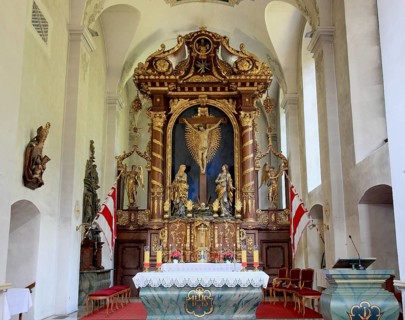 High altar from 1692 in the choir of the monastery church of Kreuzberg, a monastery of the