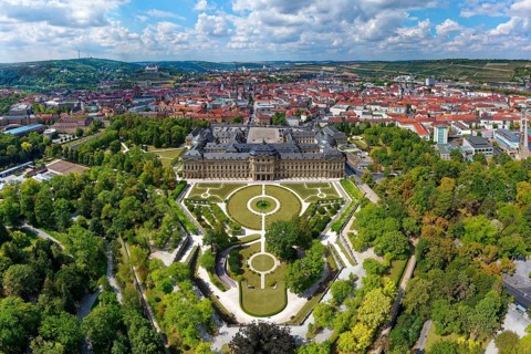 Aerial view Würzburg Residence with Court Garden, Baroque, Baroque Garden, 18th century back
