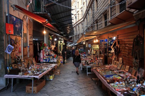 Palermo old town, market, market day in La Vucciria district, Mercato Vucciria, Sicily, Italy,