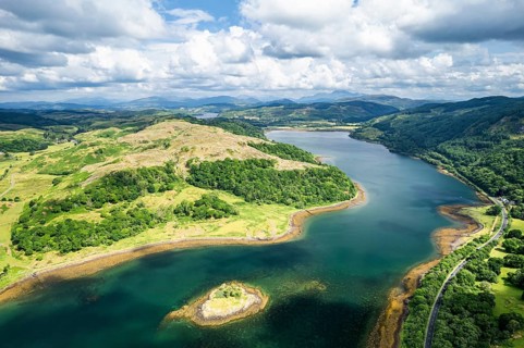 Loch Feochan and Feochan Bheag River from a drone, Feochan Glen, Oban, Argyll and Bute, West