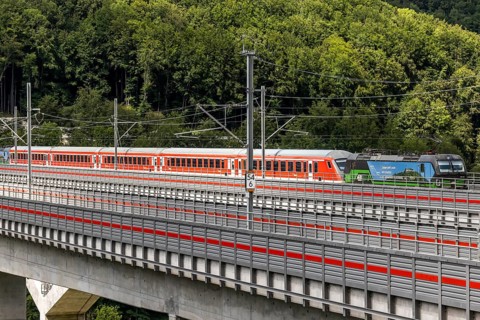 Deutsche Bahn regional express RE200 on the Filstal bridge, high-speed line Wendlingen (Stuttgart),