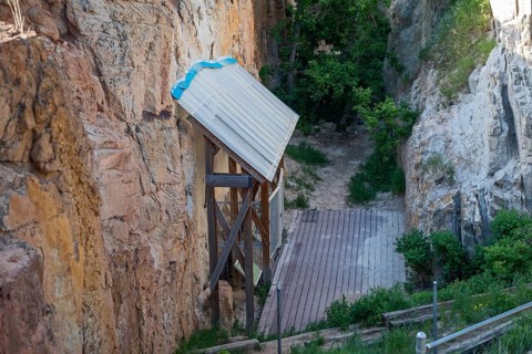Golden, Colorado, A shelter protects fossils along the Triceratops Trail. The trail in suburban