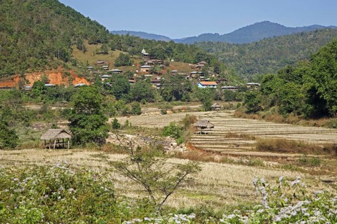 Rural village and terraced rice paddy fields in the Tachileik District, Shan State, Myanmar, Burma,