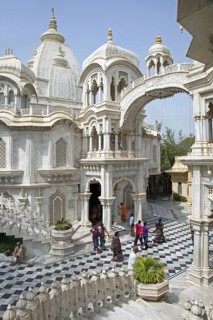 Tourists visiting Sri Krishna Balaram Mandir, a Gaudiya Vaishnava temple in the holy city of