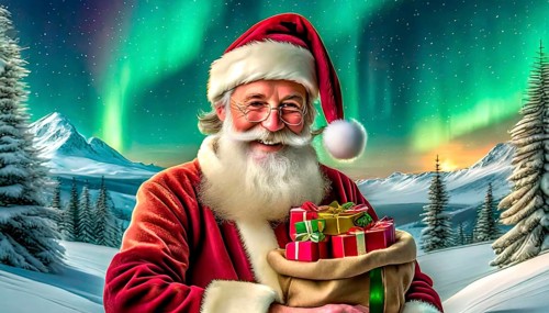 Christmas, Father Christmas with a sack full of presents stands in a snowy landscape, there are