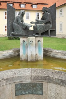 Fountain and monument to Roswitha von Gandersheim with Otto I the Great, King, Emperor, Middle