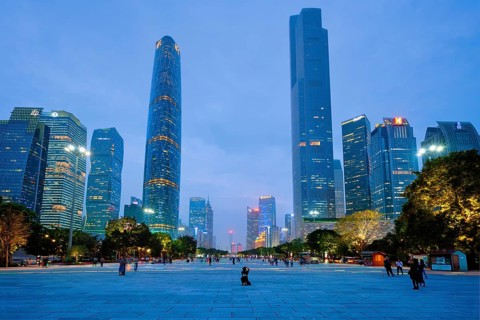 GUANGZHOU, CHINA, APRIL 27, 2018: Guangzhou cityscape skyline Flower City Square illuminated in the