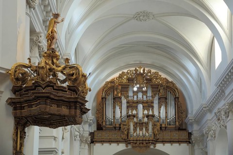 Interior view with organ and pulpit of the baroque St. Salvator Cathedral, baroque, Fulda, Hesse,