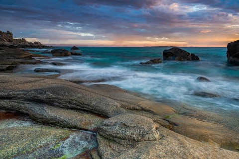 Rocky coast with cloudy sky, sunset, Utakleiv, Lofoten, Norway, Europe