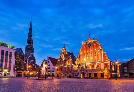 Riga Town Hall Square, House of the Blackheads, St. Roland Statue and St. Peter's Church