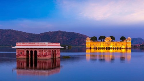 Panorama of Rajasthan landmark, Jal Mahal (Water Palace) on Man Sagar Lake in the evening in