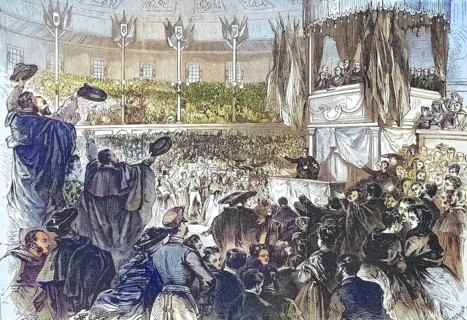 Rally at Circus Price in Madrid for the abolition of slavery in the colonies, 1869, Spain,