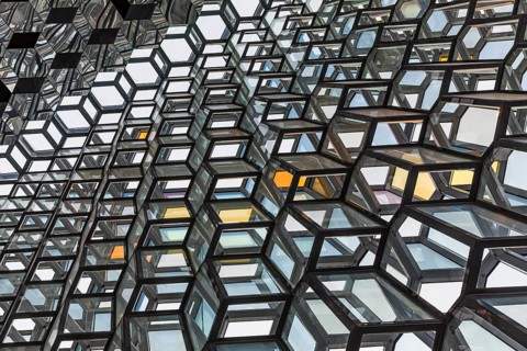 Glass facade of the Harpa Concert Hall and Congress Centre, interior view, Reykjavik, Reykjanes