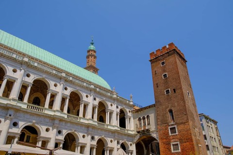 Piazza delle Erbe, with Basilica Palladiana, and Torre Bissara, Vicenza, Veneto, Italy, Europe