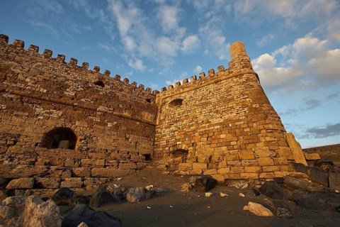 Sunset, evening light, backlight, Venetian sea fortress, Koules, Morosini, mountains, bronze sky,
