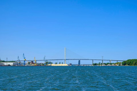 Picturesque view along the Strelasund towards the New Rügen Bridge, Hanseatic City of Stralsund,