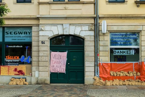 Sandbag wall in Dresden Pieschen