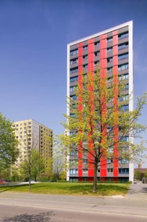 The 17-storey tower blocks from the 1970s are typical examples of GDR prefabricated housing.