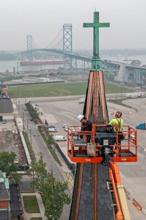Detroit, Michigan, Workers repair the towers of the Basilica of Ste. Anne de Detroit. Ste. Anne was