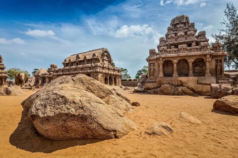 Five Rathas, ancient Hindu monolithic Indian rock-cut architecture. Mahabalipuram, Tamil Nadu,